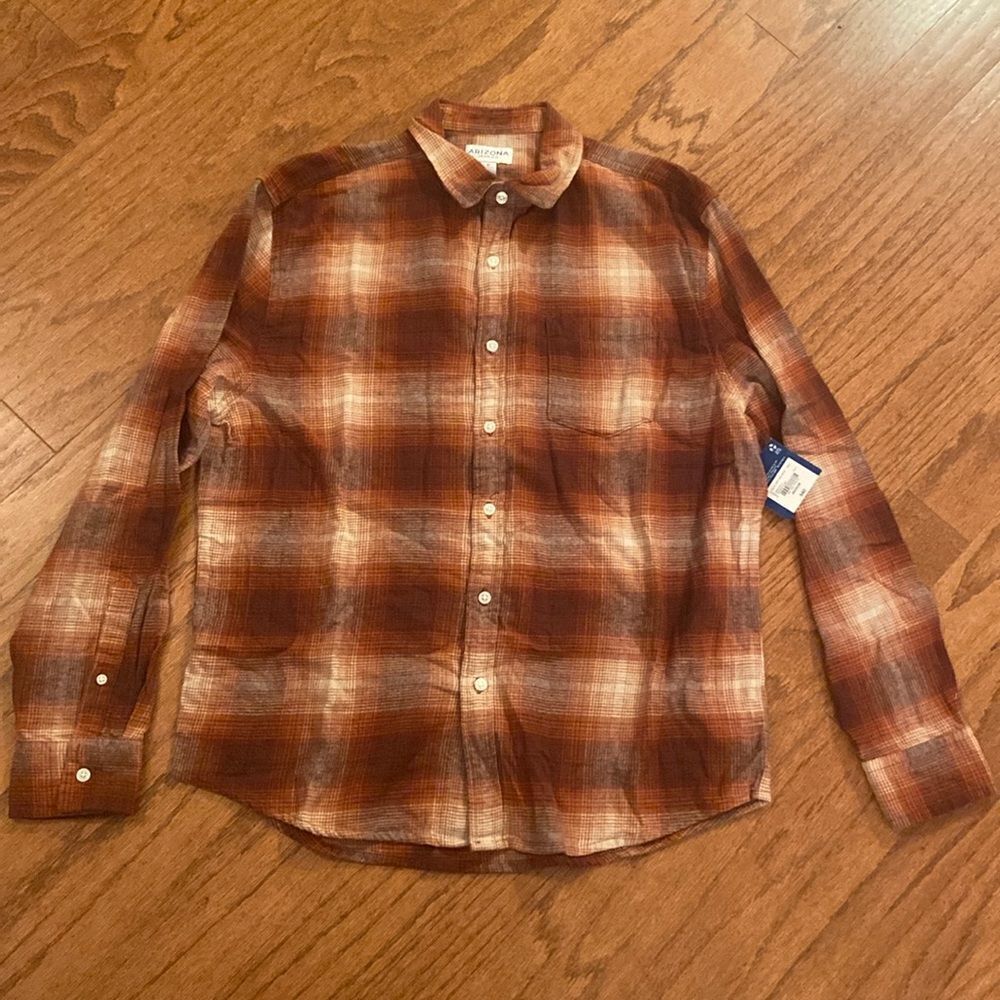 NWT Arizona Jeanene company size medium flannel shirt, burnt orange, brown,cream